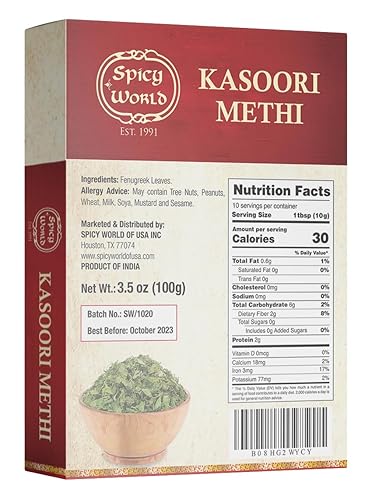 Miniatura 2 de Spicy World Hojas secas de alholva (Kasoori Methi) caja de 3.5 oz (100 g) - Todo natural  Vegano  Apto para gluten  Sin OMG  India