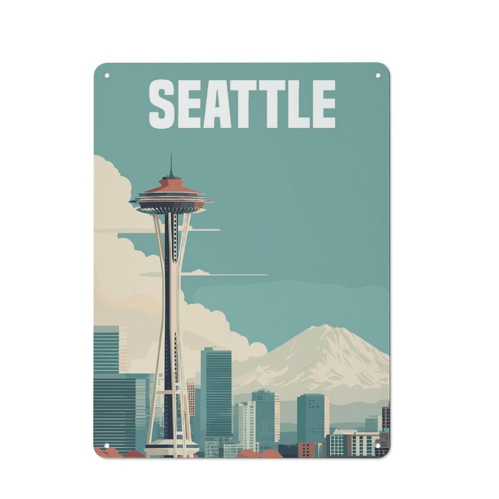 Junmoney Style-10 Tin Wall Plaque 40X30cm With Seattle Cityscape Travel For Guest Room Or Hallway, For Updating Guest Room And Hallway After Moving