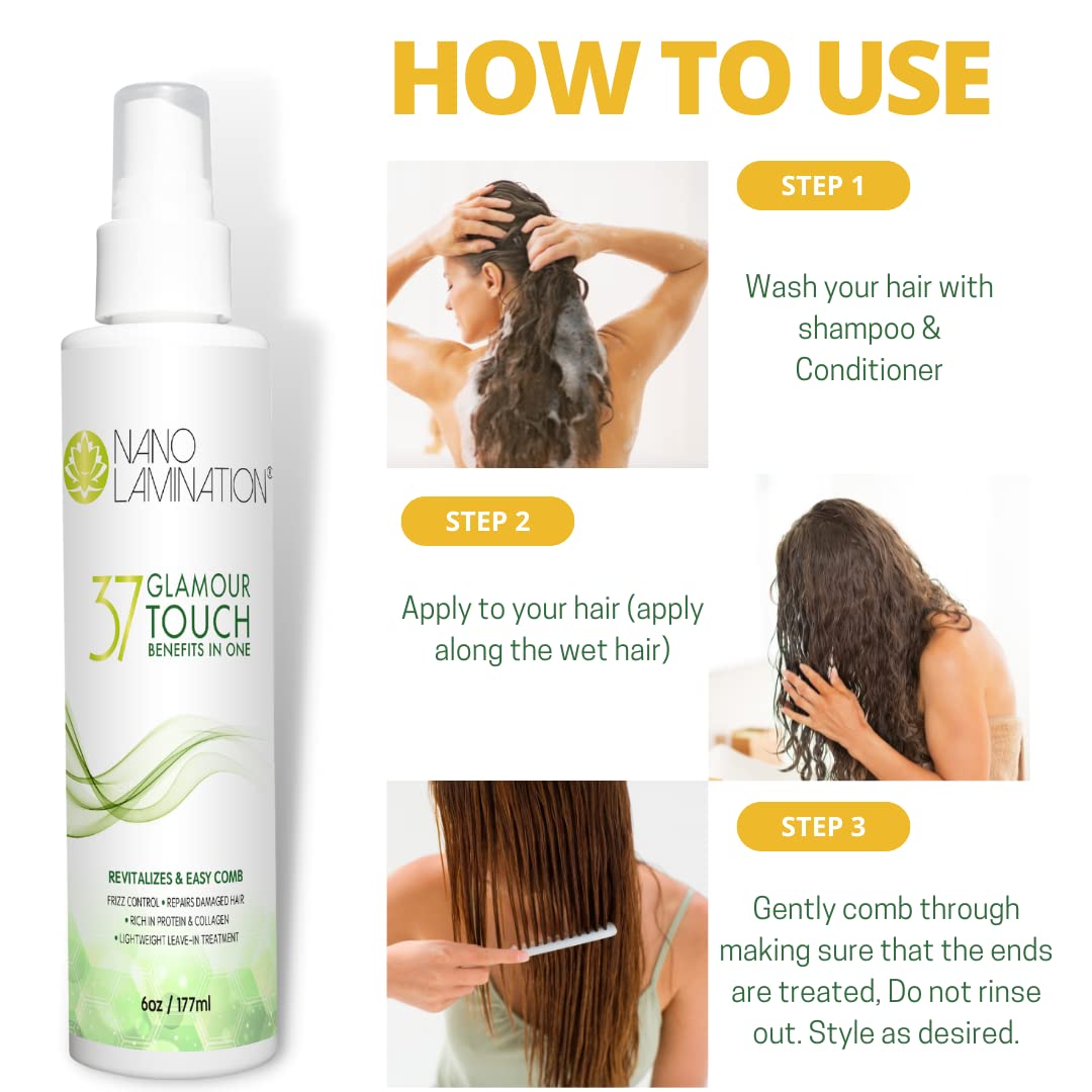 Glamour Touch Leave-In Conditioner 37 in 1 – Detangles, Repairs, Softens, Heat Protection for All Hair Types – Nano Lamination Anti-Frizz Formula – 6 oz
