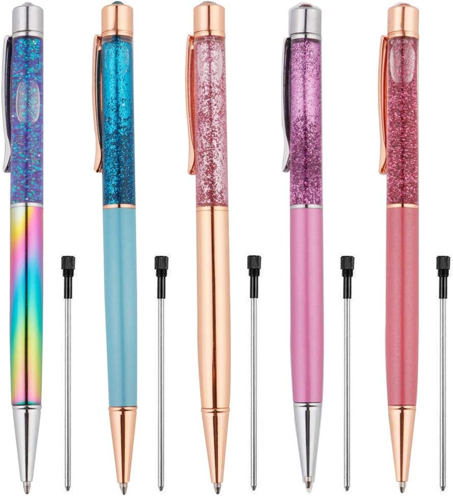 Ballpoint Pens, 5 PCS Rose Gold/Blue/Purple/Pink/Rainbow Metal Pens Desk Accessories, Black Ink Bling Dynamic Liquid Diamond Pen Christmas Gifts for Women