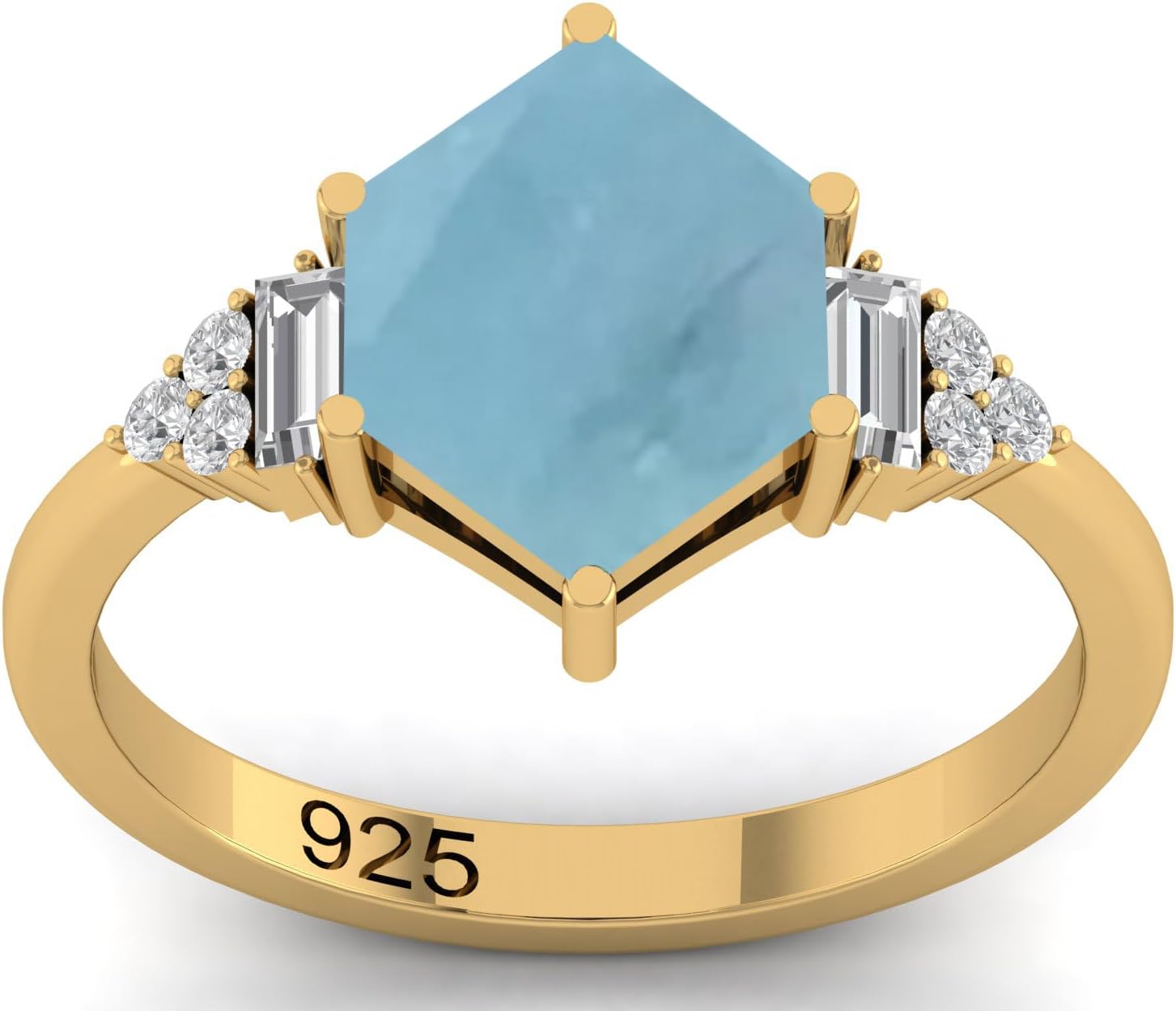 Natural Aquamarine Hexagon Cut Ring 22K Gold Plated | Women’s Dainty Gemstone Ring | March Birthstone Jewelry | Statement Fine Fashion Ring