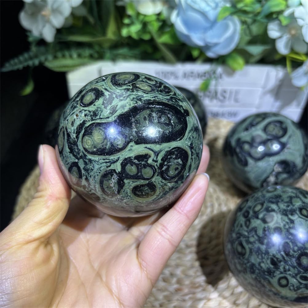 Green Malachite Crystal Ball with Wooden Base Elegant Desktop Ornament Polished Gemstone Sphere for Home Living Office Decorations,75~80mm