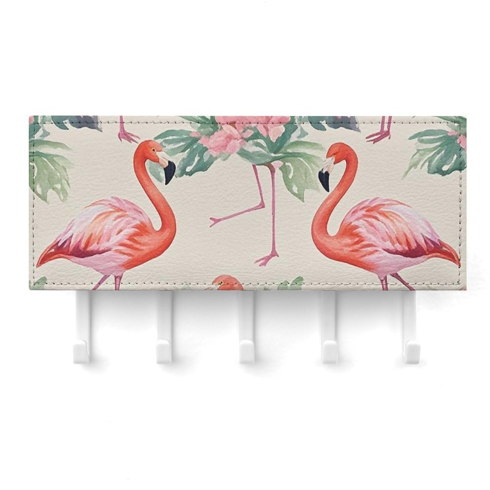 QMNLKH Watercolor Flamingo Wall Mounted Key Rack for Home, No Drilling Key Holder with 5 Hooks, Self Adhesive Keys Chain Organizer for Hallway, Keys Hanger Shelf for Office, Doorway White