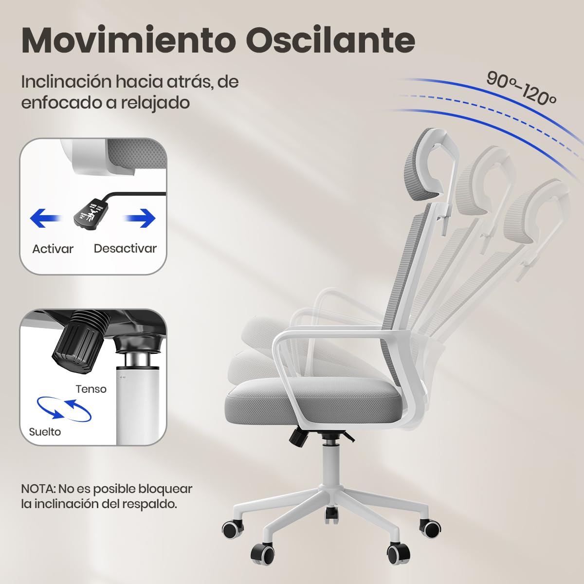 naspaluro Silla de Escritorio Ergonómica, Silla de Oficina con Reposacabezas Ajustable, Malla Transpirable, Silla para Ordenador de Altura Regulable, Silla Giratoria para Oficina en Casa, Gris Claro