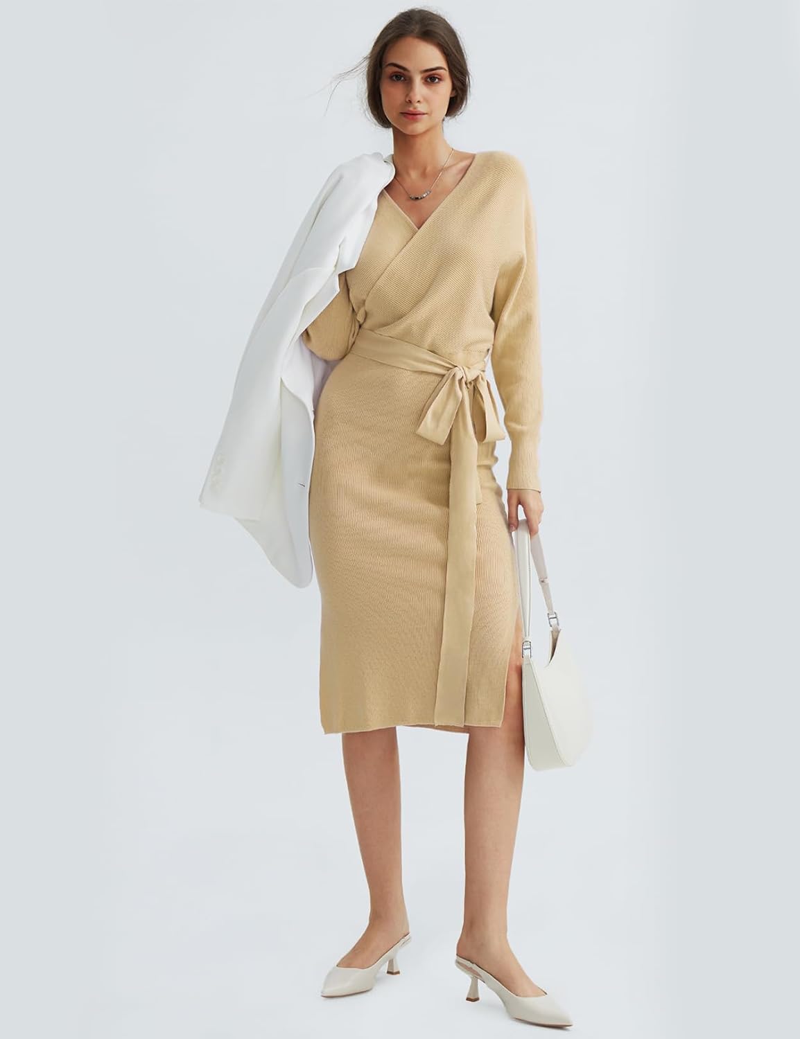 CHERFLY Women's V Neck Sweater Dresses Batwing Long Sleeve Backless Bodycon Long Dress with Belt