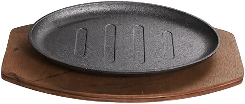 Miniatura 4 de Yardwe Sartén de hierro fundido, plato redondo chisporroteante Fajita Sartén con base de madera para cocina y restaurante