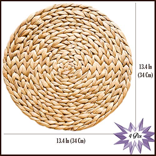 Image of Woven Placemats Set of 4, Table Mats Set of 4, Water Hyacinth Round Placemats for Round Table, Chargers for Dinner Plates, Wicker Chargers for Dinner Plates, Woven Placemat, Place Mats 13.4 in