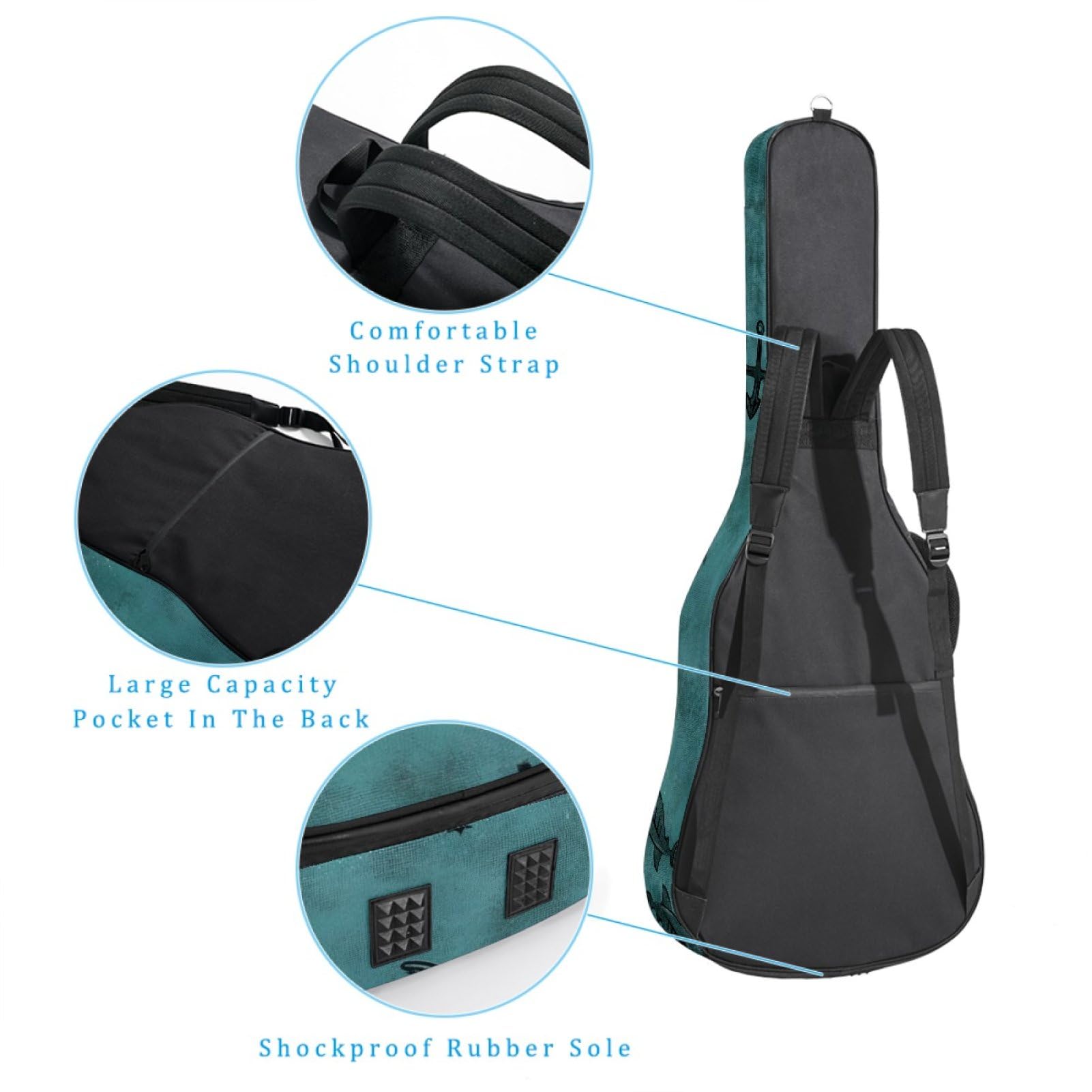 43 Zoll Akustikgitarre Softcase mit Rucksackgurt und 2 Taschen Retro Haie Muster Keine Polsterung Rucksack Wasserdicht Oxford Tuch Bassgitarre Gigbag für Konzertgitarre, mehrfarbig,