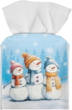 Snowman Tissue Box Cover Novelty Xmas Decorative PU Leather Case Facial Paper Cube Tissue Holder Napkin Organizer Dispenser with Bottom Belt