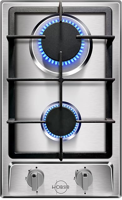 Hobsir 2 Burners Gas Hob, Built-in Gas Cooktop with with Flame Failure Protection 30cm Stainless Steel LPG/NG Convertible Included Plug (HSG-PF320SX)