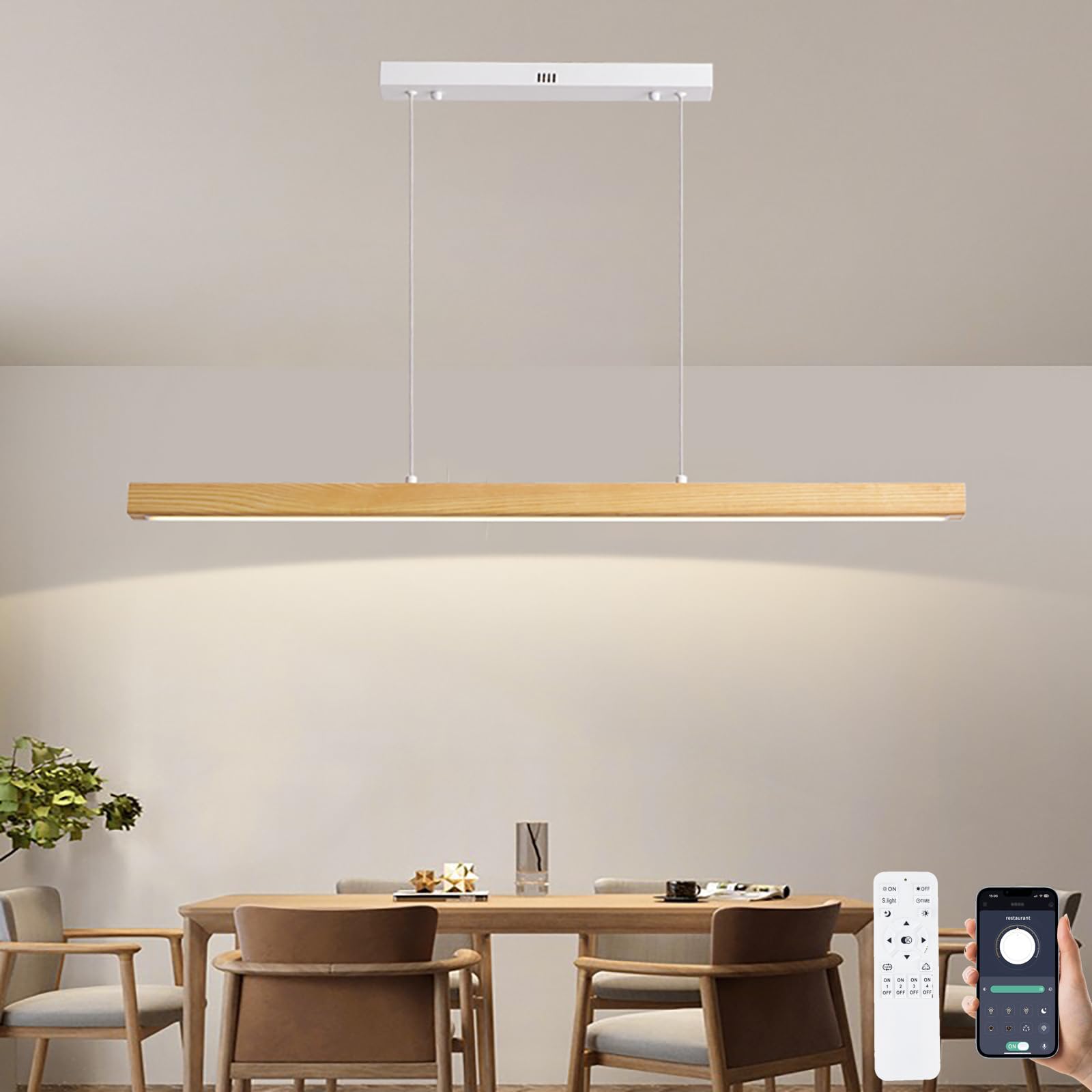 LED Wood Pendant Light for Dining Table/Kitchen/Dining Room, Dimmable Hanging Lamp with Remote Control and App Control, Adjustable Colour Temperature/Brightness/Height, L100 cm/36 W