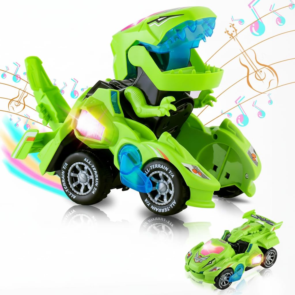 Excefore Dinosaur Car Toys, with LED Lights and Music,Automatic Transforming 2-in-1 Dinosaur Transformer Toy for Kids (Green)