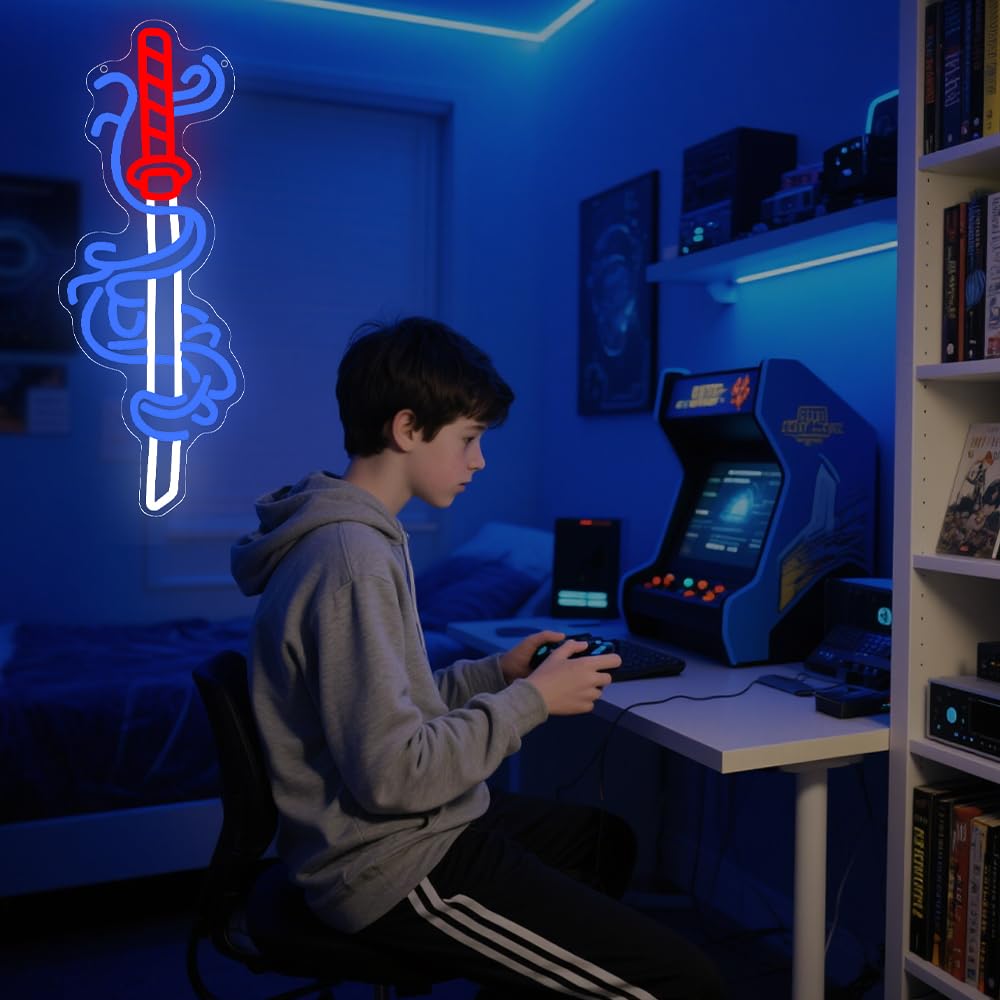 Insegna al neon con spada, anime samurai giapponesi, per adolescenti, decorazione per stanza dei giochi, luce per camera da letto, decorazione da parete, alimentata tramite USB, per ragazzi e