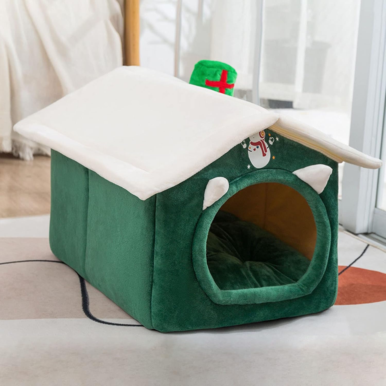 Soft Cat Bed Deep Sleeping Bed Dog Cat Winter House Christmas Style Enclosed Pet Tent for Kitten Puppy Sleeping Supplies, 14.96x12.59x12., Green