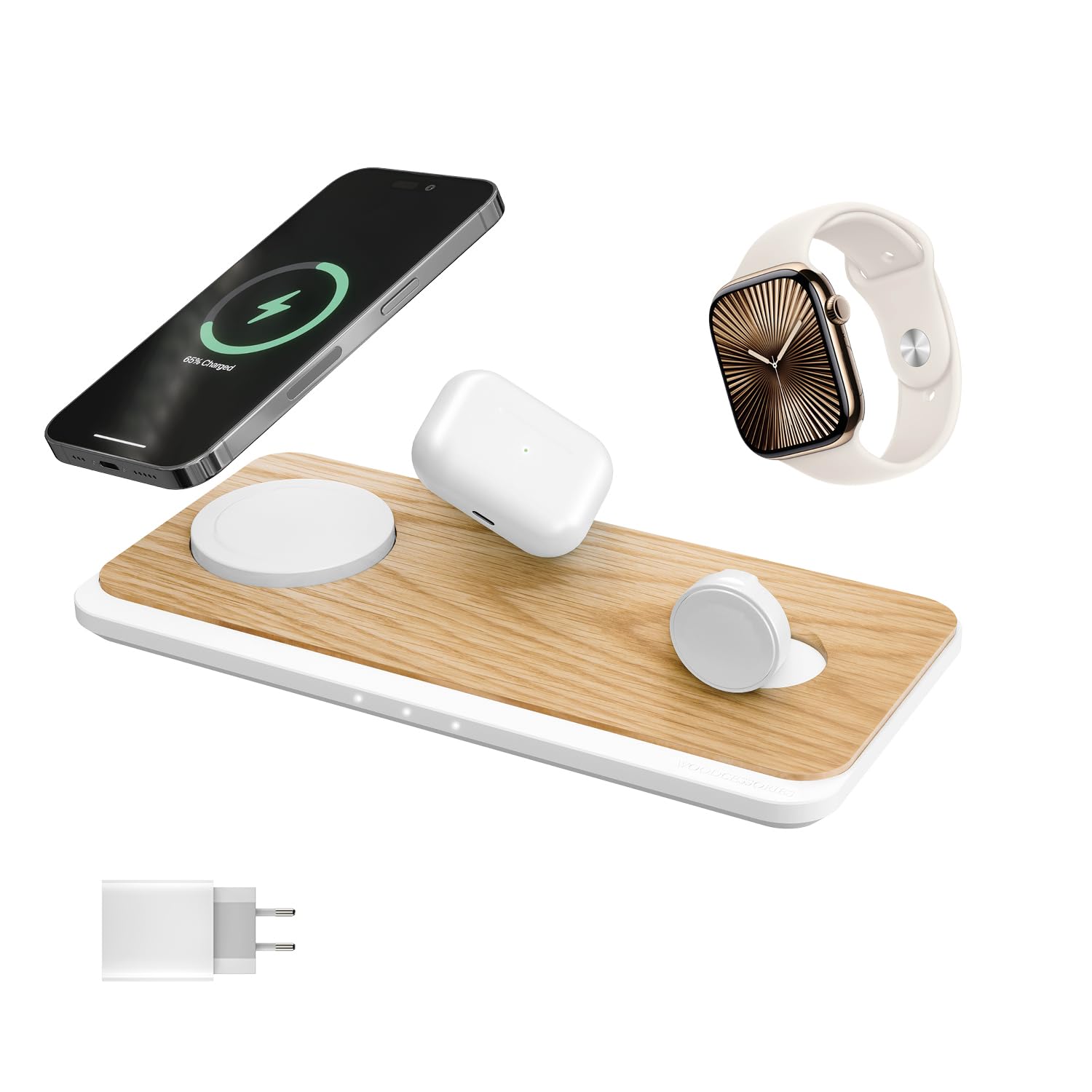 Woodcessories Multibase Pro - Estación de carga 3 en 1 de madera, cargador Magsafe, cargador inalámbrico compatible con iPhone, Apple Watch, Air Pods + adaptador de potencia de 45 W, roble