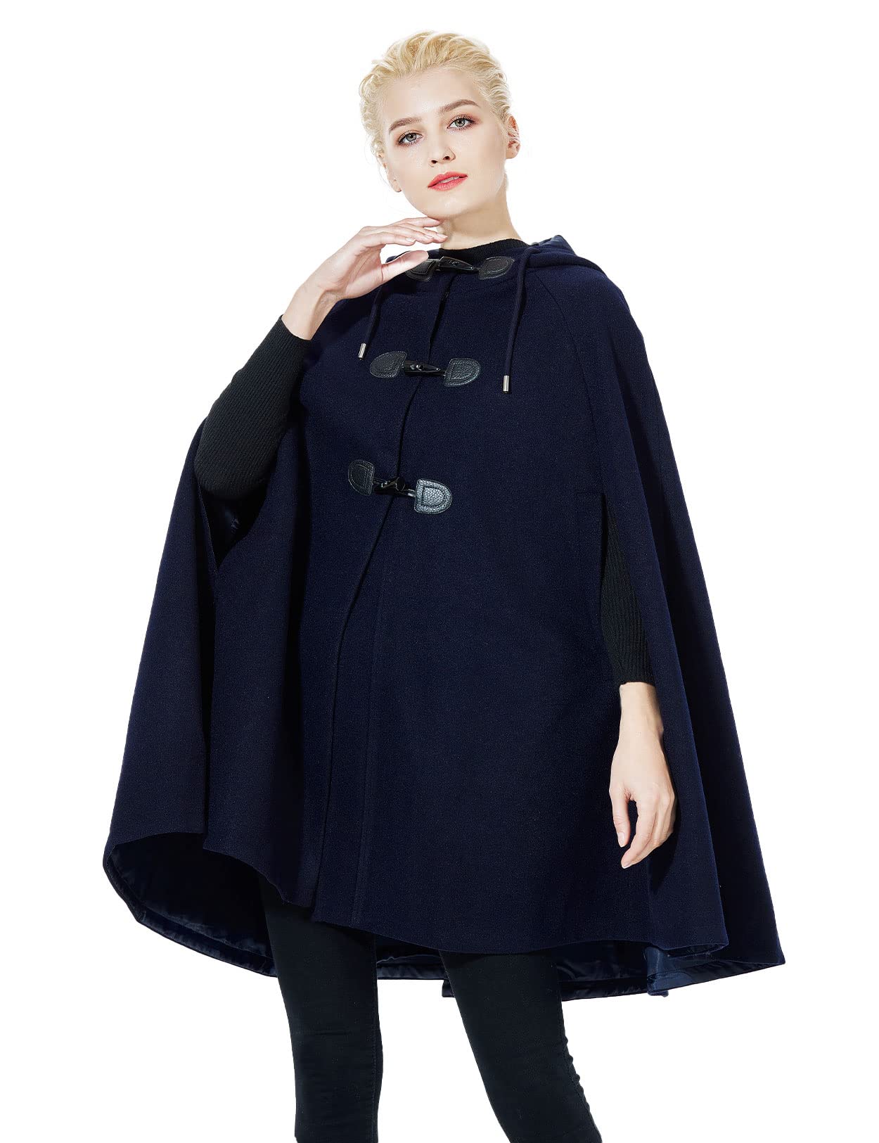 BEAUTELICATE Abrigo de Capa Mujer Chaqueta Encapuchado de Mezcla de Lana Poncho Largo con Botones de Cuerno Moda para Invierno Otoño