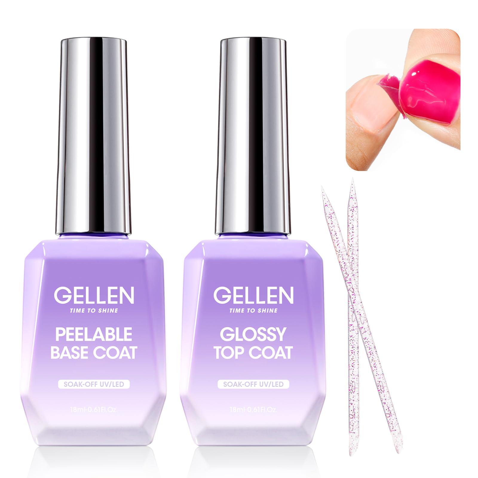 GELLEN Peel Off Gel Base Coat and Top Coat Set, Peelable Base Gel without Soaking, Clear Top Coat Nail Polish, UV LED Lamp Needed, Home DIY Nail Art Manicure Set
