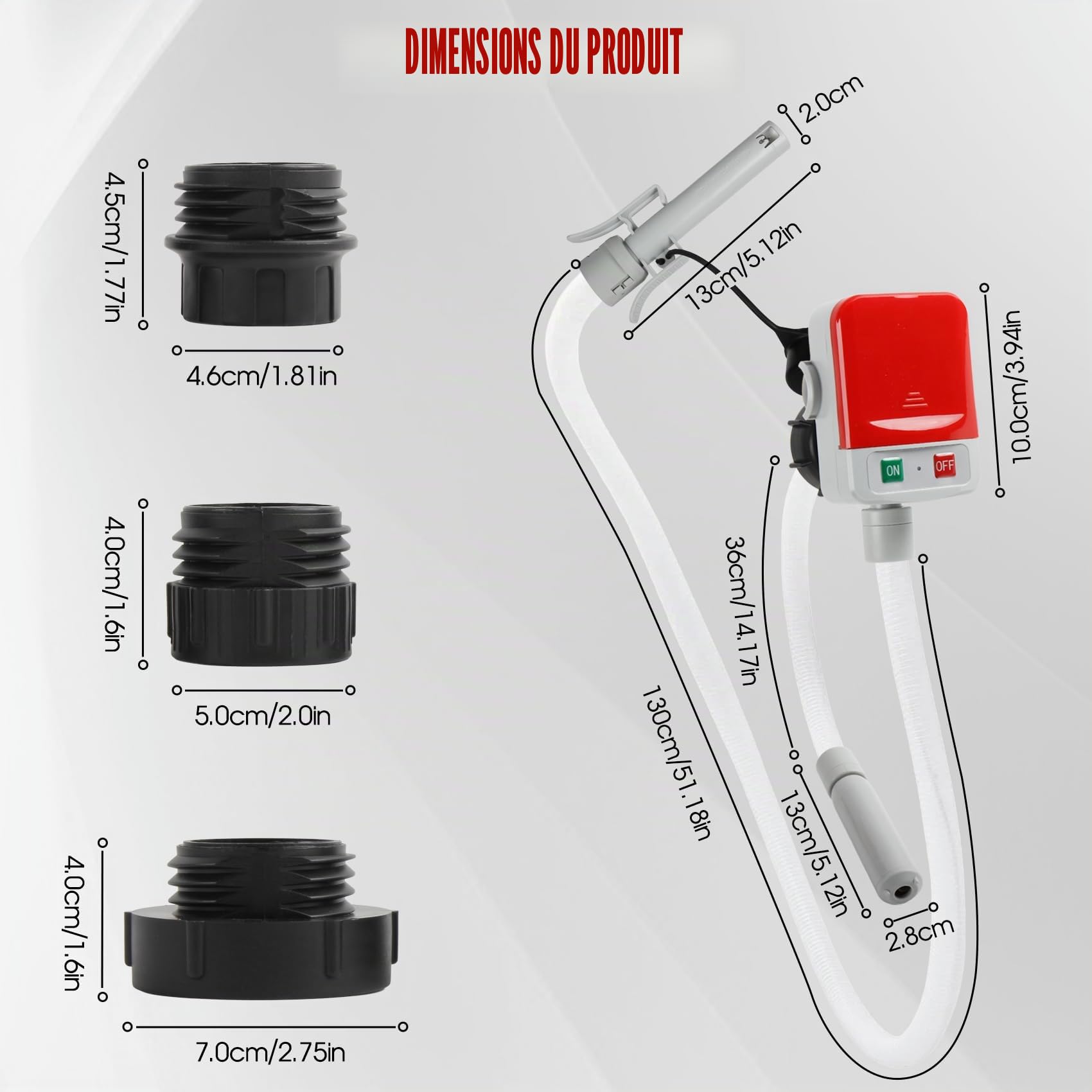 Pompe de transfert de carburant avec capteur d'arrêt automatique, pompe à carburant portable de 2,8 GPM avec 3 adaptateurs de taille de réservoir, pompe de transfert électrique avec tuyaux et buse