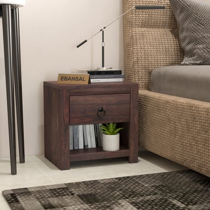 Image of Solid Wood Sheesham End Table with 1 Drawer and 1 Shelf Modern Design - Walnut Finish