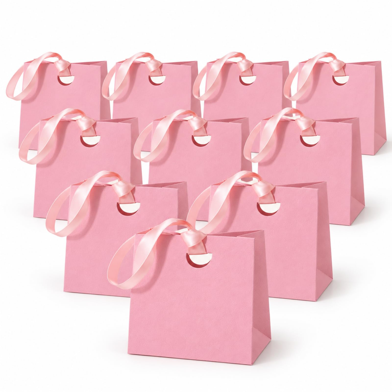10 Pack Small Gift Bags with Ribbon Handles, Light Pink Embossed, Birthday