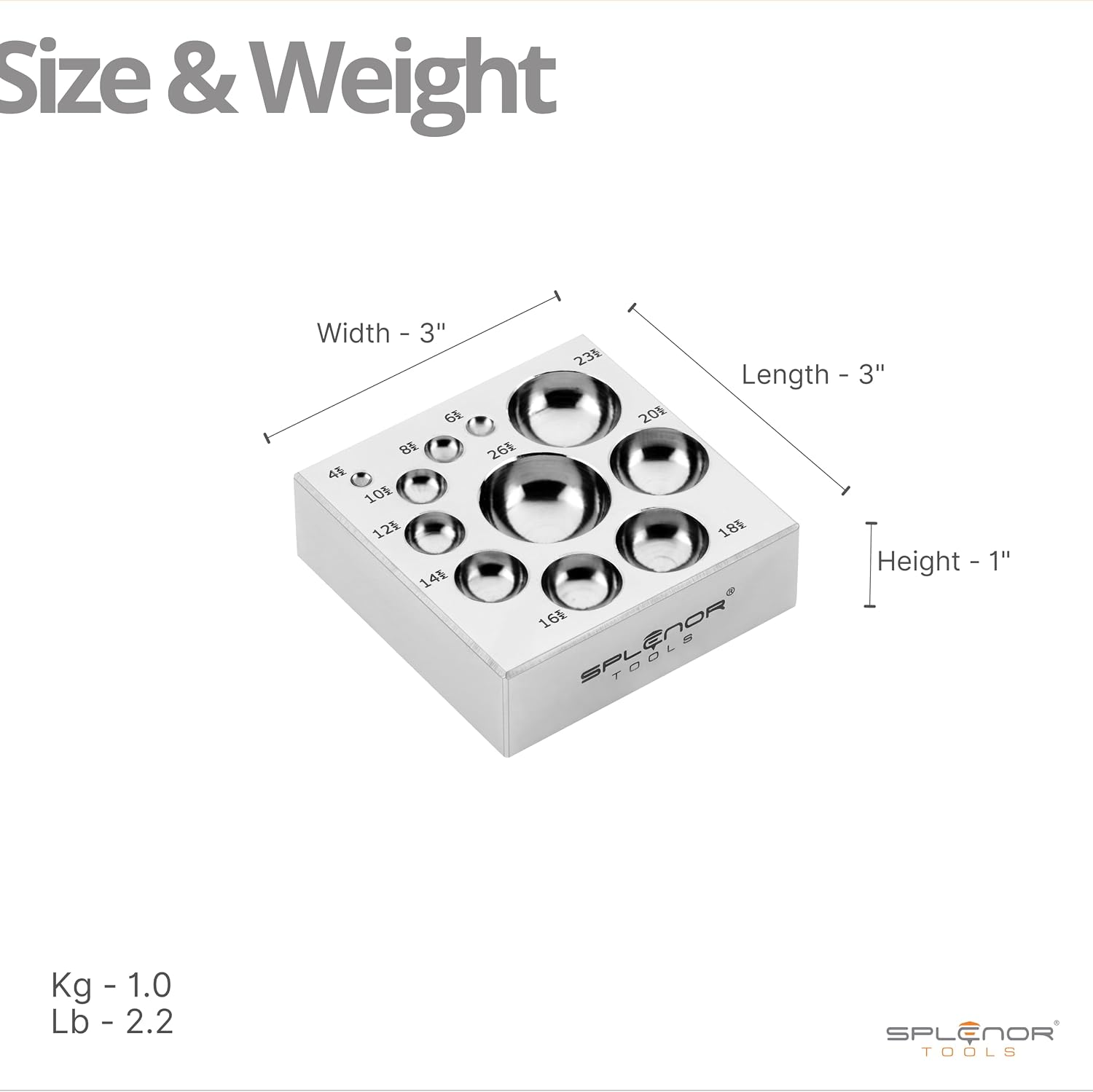 Splenor Tools Steel 11 Cavity Flat Dapping Doming Block - for Jewelry Making - Metal Forming Tool - Shaping Die