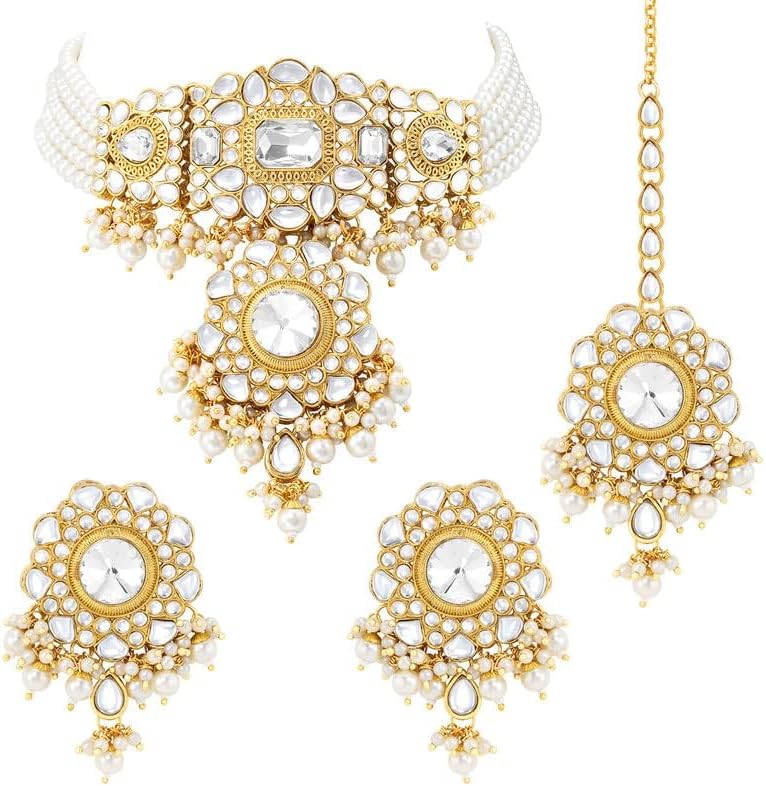 Aheli Traditional Gold Plated Kundan Choker Necklace Dangle Earring & Maang Tikka Ethnic Function Jewelry Set Gift for Women - Image 5