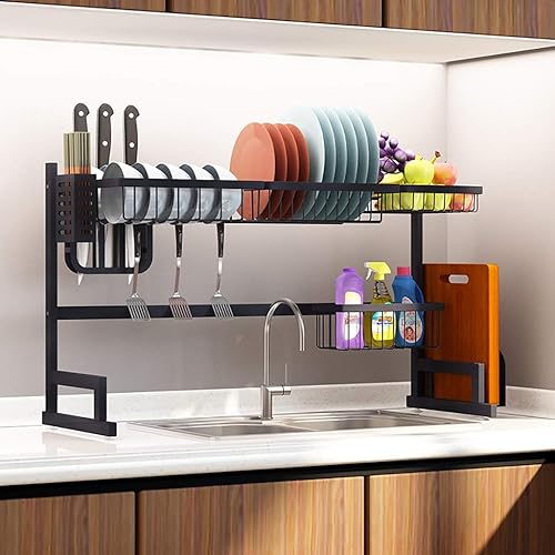 FEHUN Fregaderos escurridor de platos soporte para ahorro de espacio organizador de vajilla con soporte para utensilios