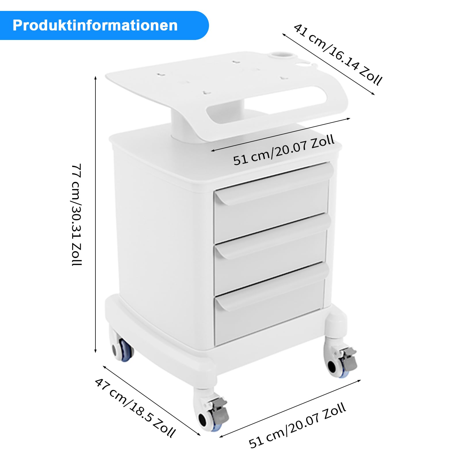 Friseurwagen, Kosmetikwagen Auf Rollen & 3 Schubladen, 51x47x77cm, Schminktisch Organizer für Schönheitsinstrument Und Medizinische Zwecke