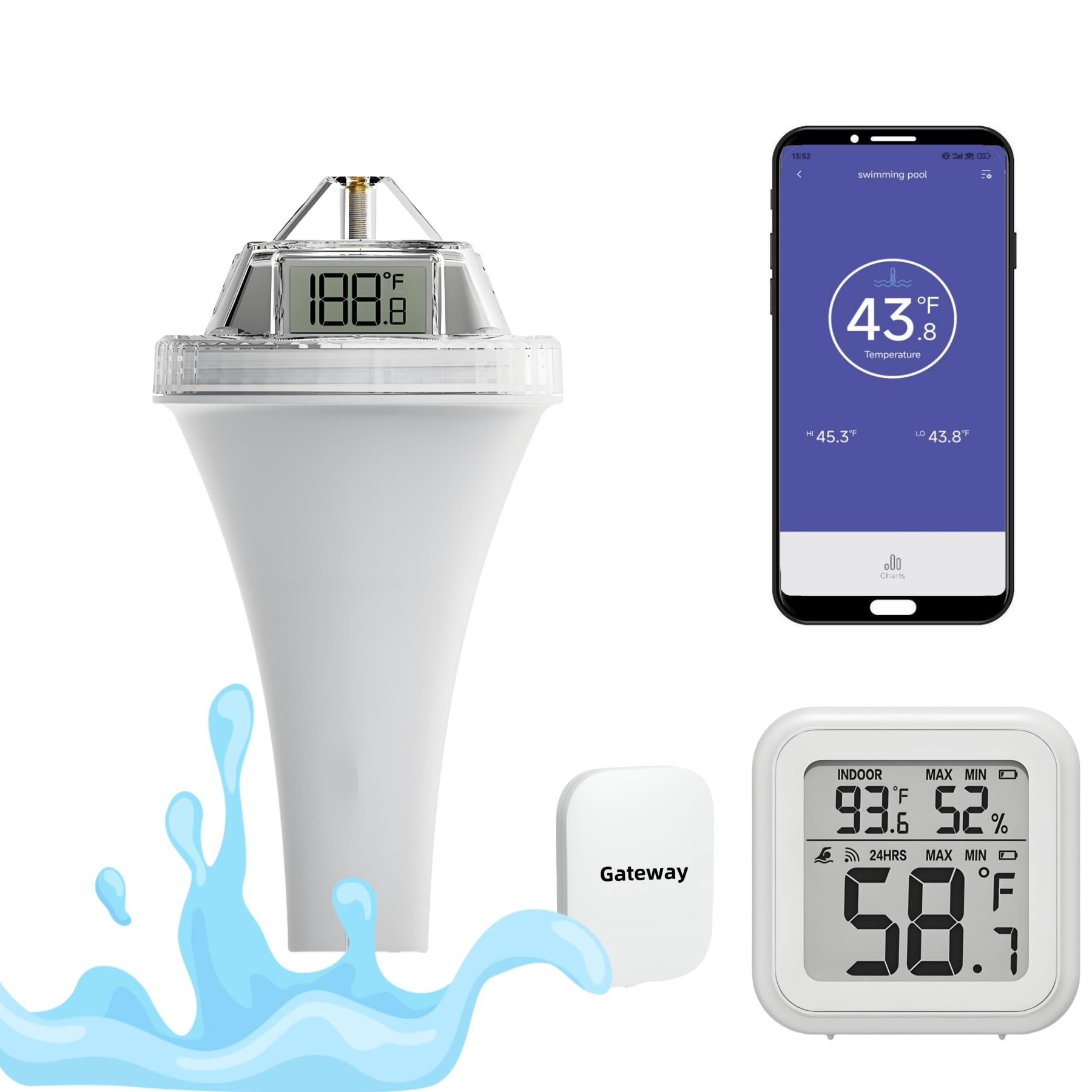 Termómetro digital para piscina con concentrador, control remoto, fácil de leer, termómetro de agua flotante digital para bañera de hidromasaje, baño de hielo, piscina, spa y pecera, puerta de