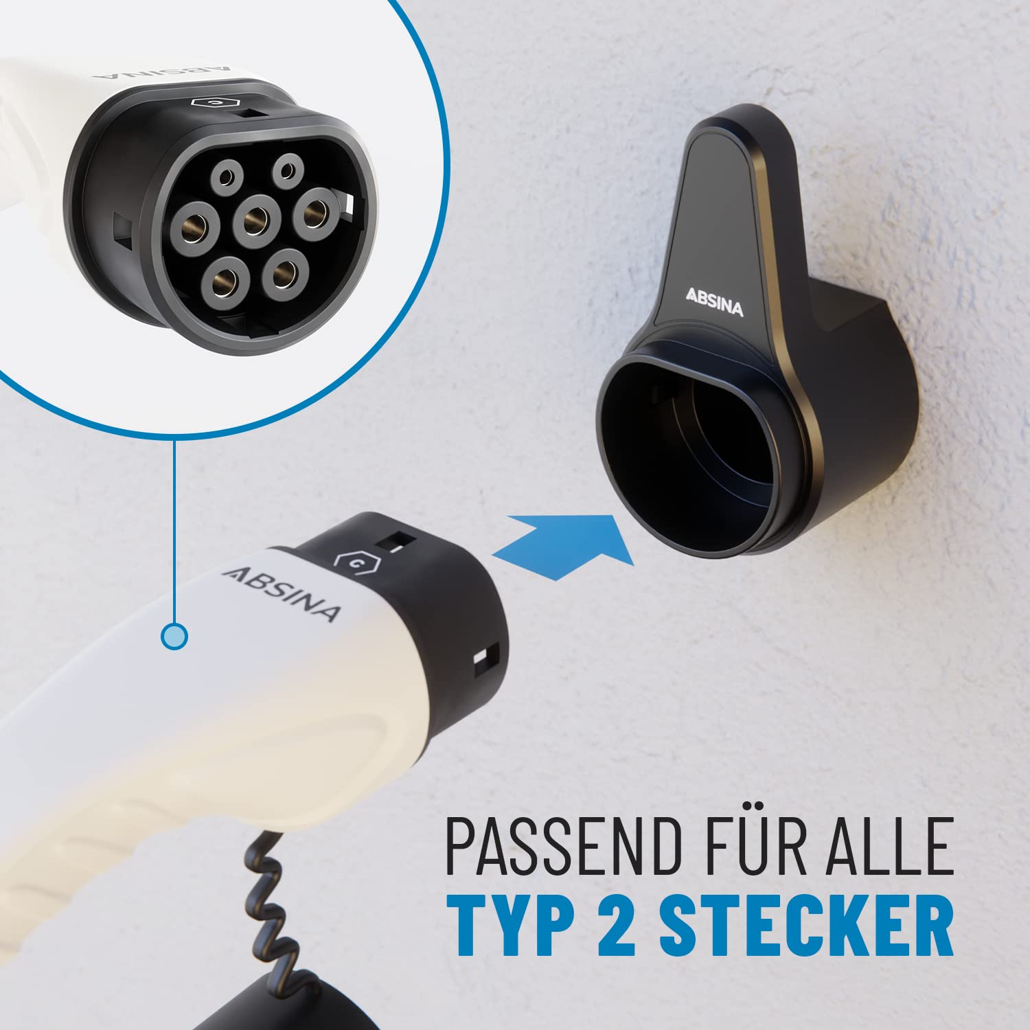 ABSINA uchwyt na kabel do ładowania i uchwyt na wtyczkę typ 2 wraz z akcesoriami montażowymi - uchwyt ścienny typ 2, uchwyt na kabel do ładowania typ 2, uchwyt na kabel Wallbox, uchwyt na wtyczkę typ