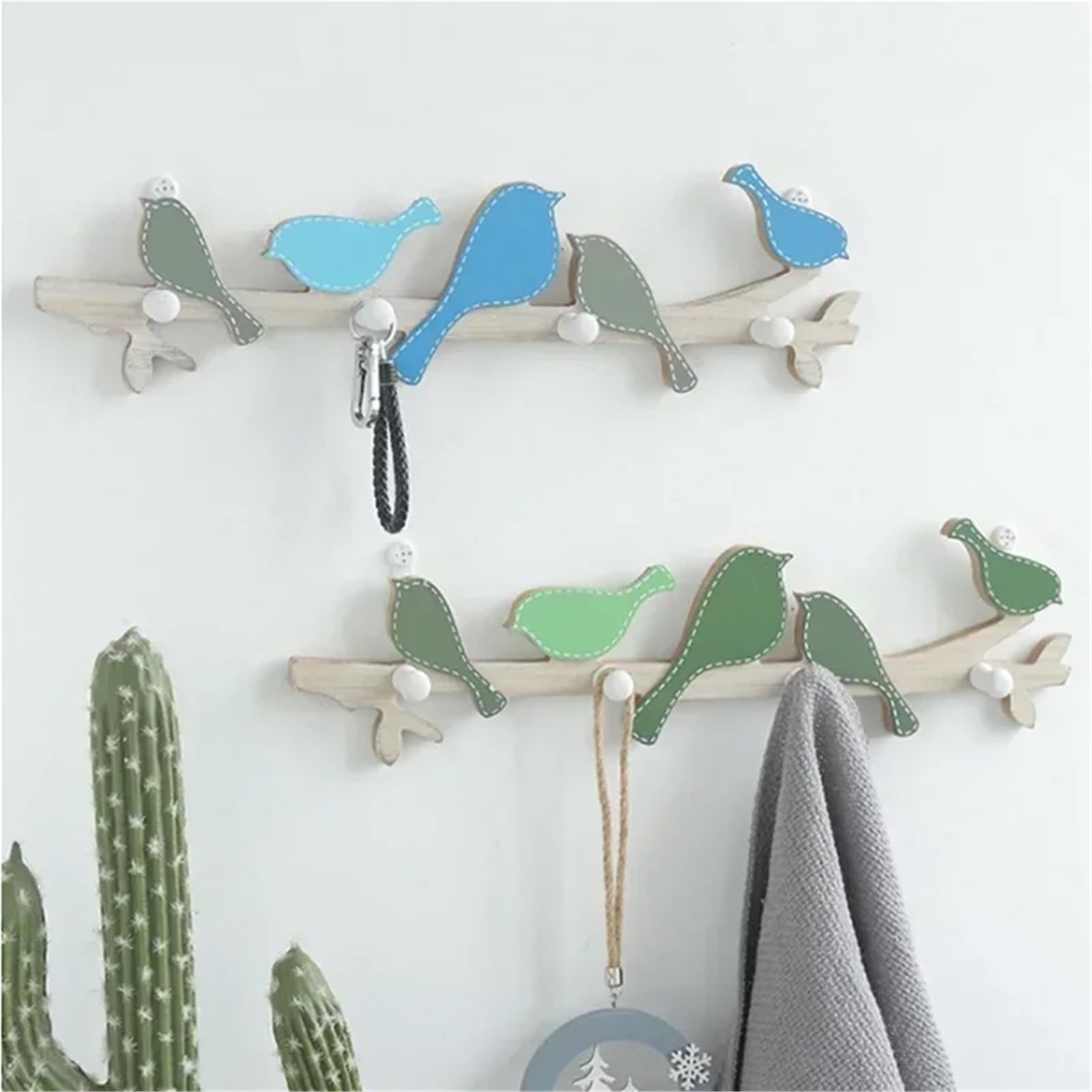portachiavi da parete 4 ganci decorativi for la casa, appendiabiti in legno a forma di uccello(Green bird)