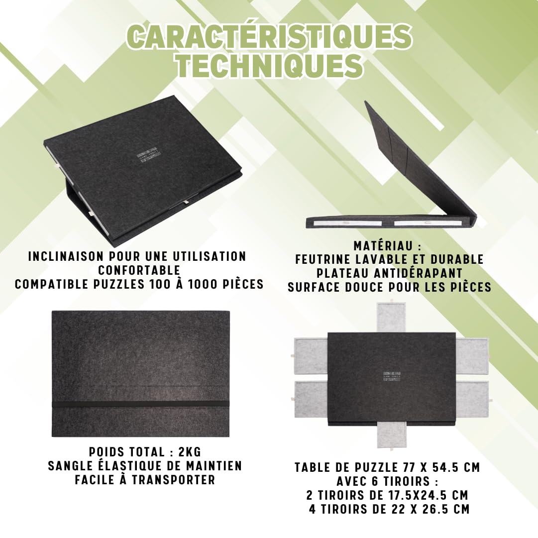 Table Puzzle avec 2 Tapis de Jeux-Échecs Dames Backgammon Cartes-Support en Feutre Inclinable avec Bordures, 6 Tiroirs de Rangement, Fermeture par Couvercle et Sangle pour Puzzle Jusqu’à 1000 Pièces