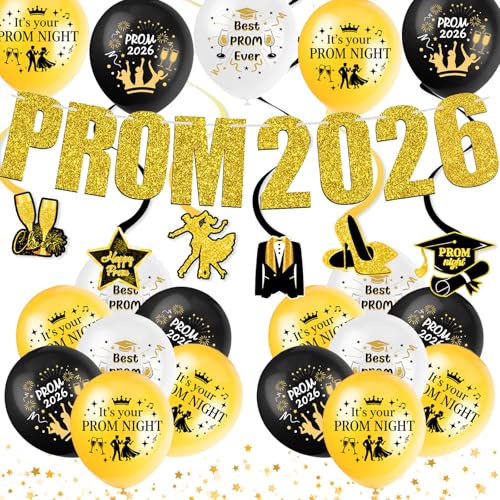 Prom 2026 Decorations Set - PROM 2026 Banner 6 Hanging Swirls 15 Prom Balloons (Black White Gold) - Class of 2026 Graduation Party Decorations School Leavers Prom Night Backdrop