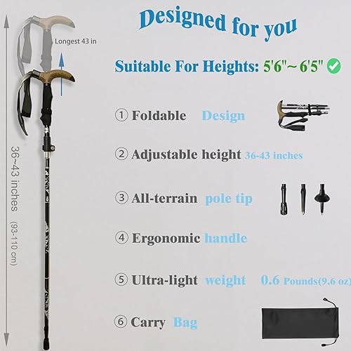 Miniatura 2 de Bastón de caminar plegable, ajustable, plegable para hombres y mujeres, punta todo terreno resistente, con bolsa de viaje, bastones para caminar