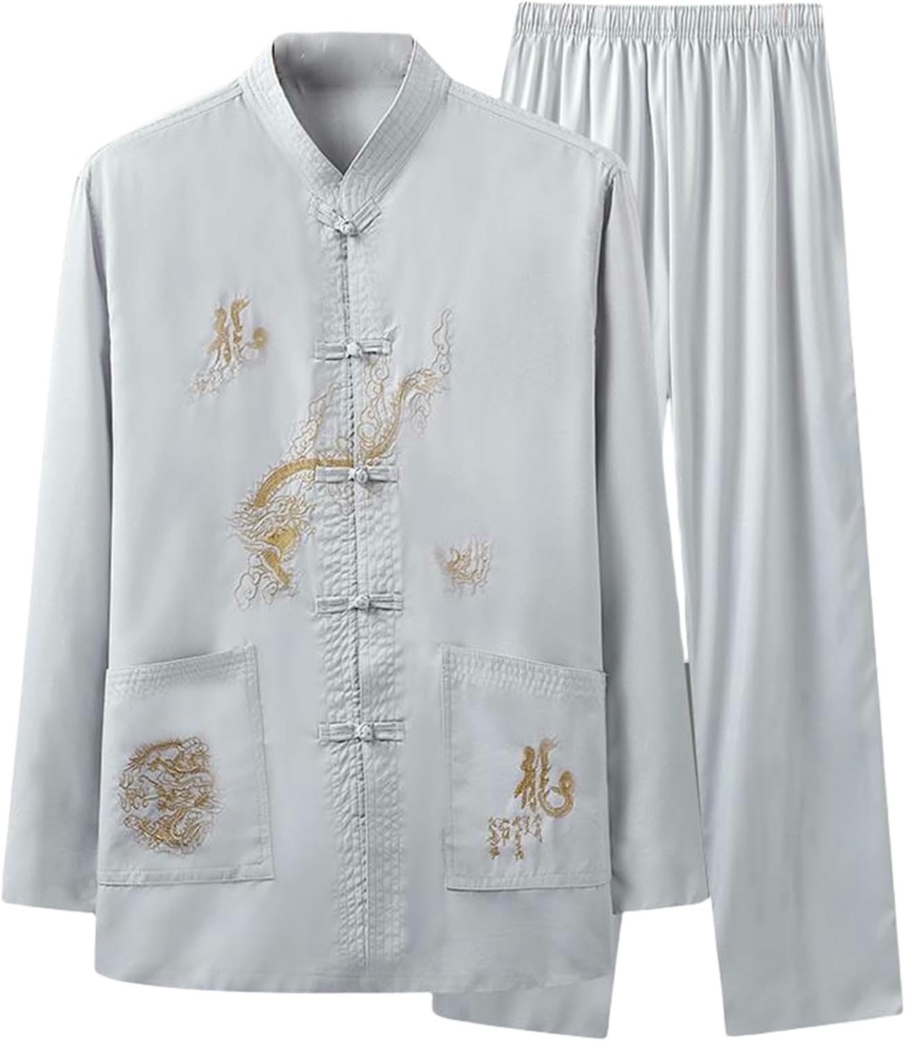 Men's Spring/Summer Ice Silk Tang Suit Thin Long Sleeve Shirt Chinese Style Hanfu Set