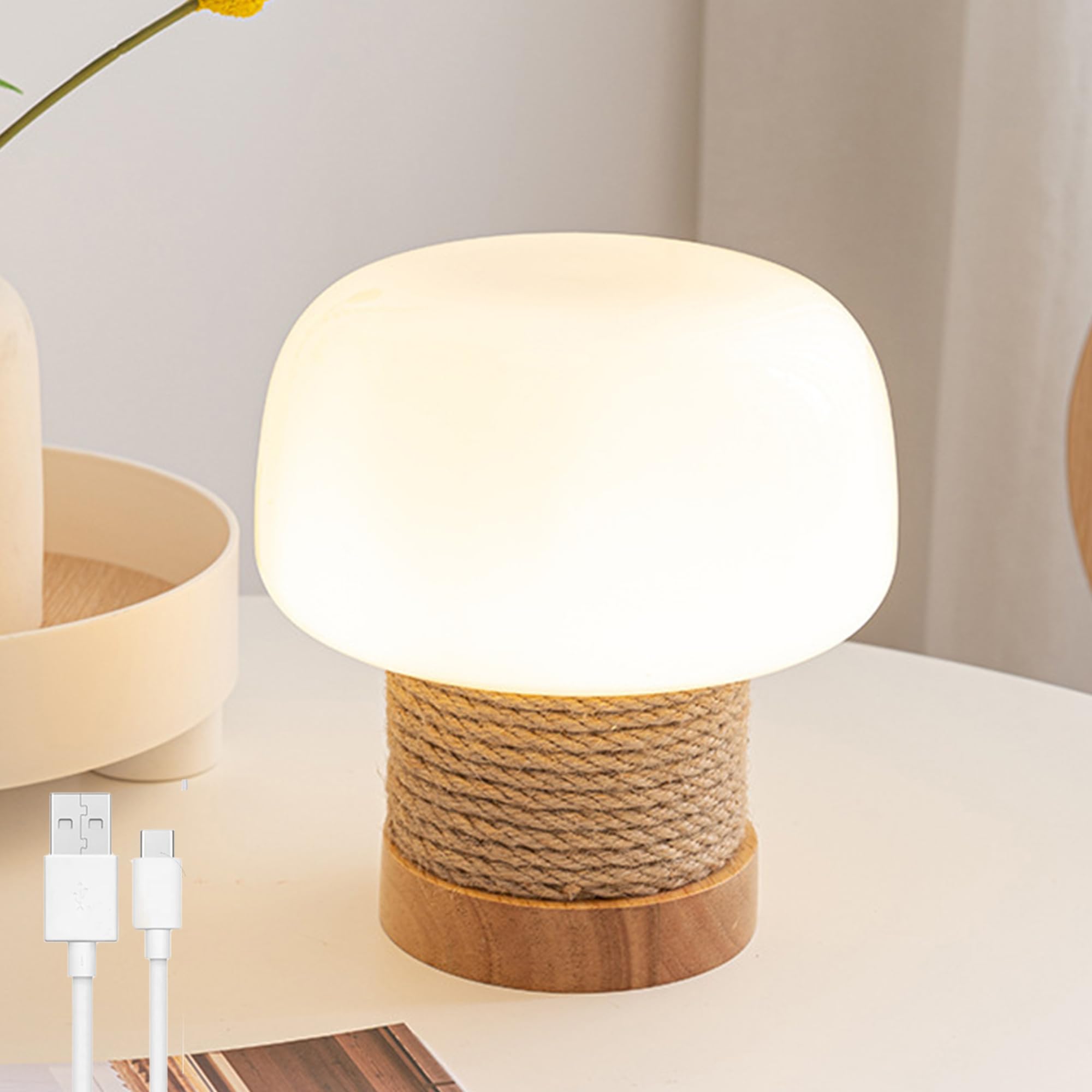OOWOKS Mushroom Shaped Bedside Lamp Glass Table Lamp Cordless Dimmable LED Rechargeable Table Light Mushroom Shaped USB Rechargeable 2500mAh Battery Touch Control Bedside Lamp Rattan Bedroom Lamp