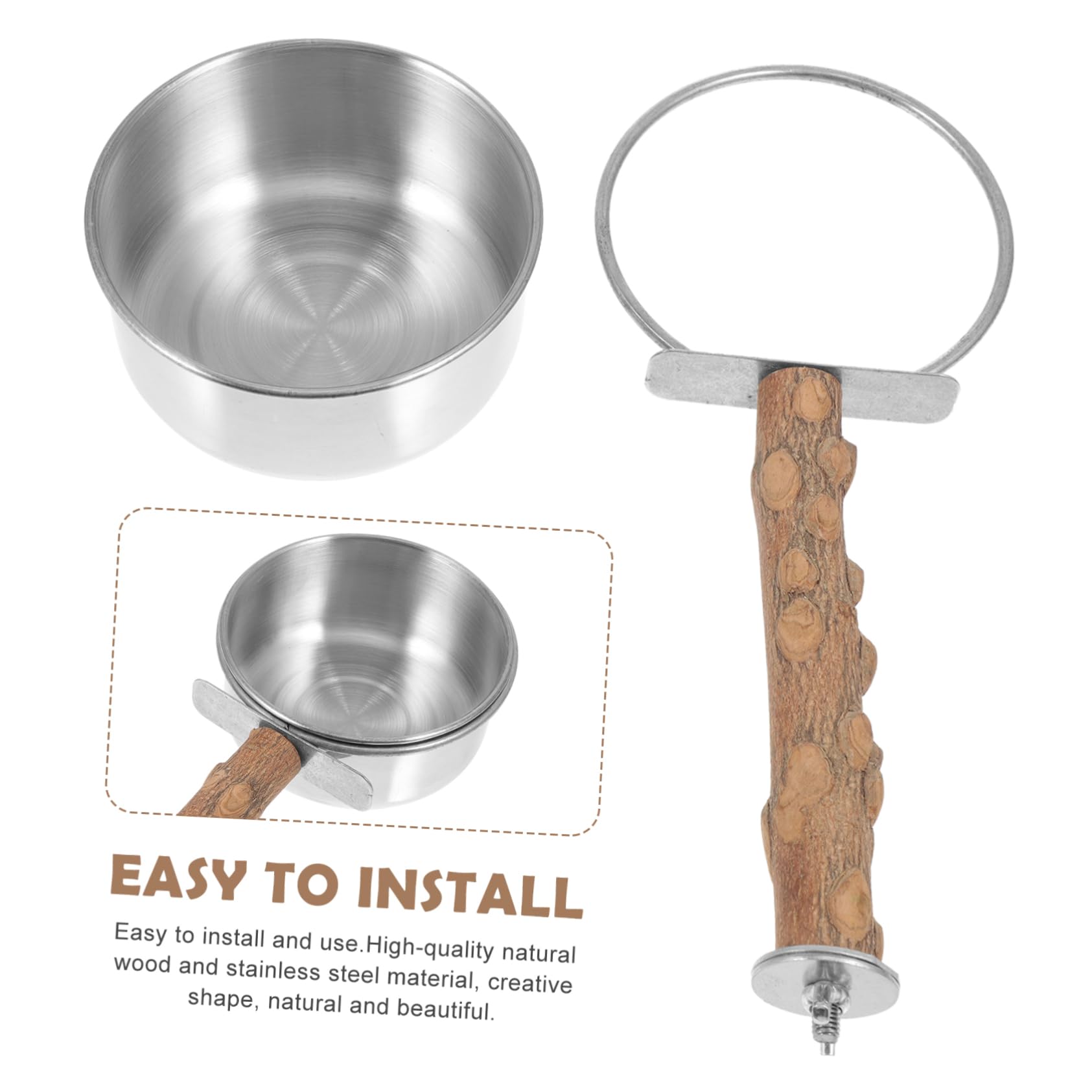 Totority Parrot Stand Perch Wood Bird Feeder Stainless Steel Bowl Parrot Food Cup Stand Bird Decorative Item