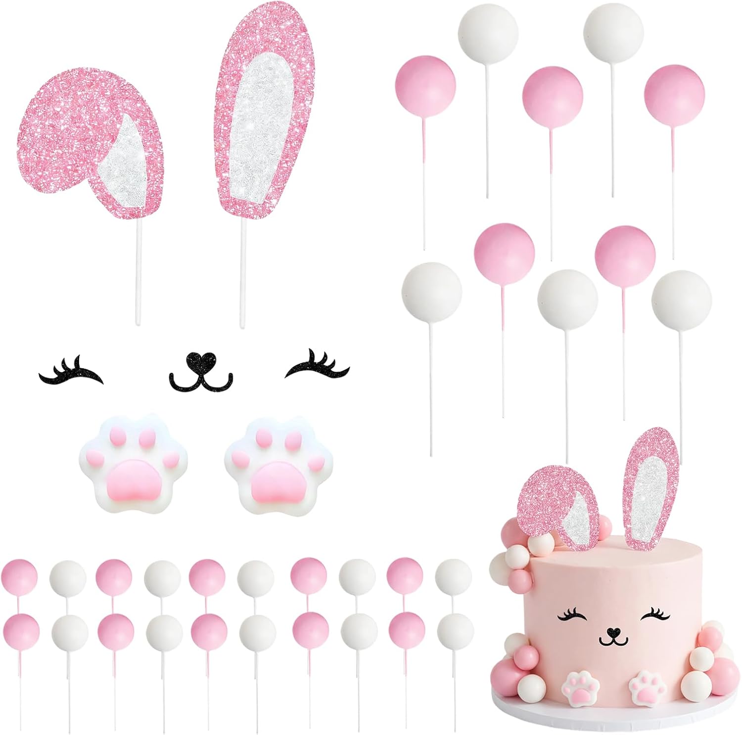 Bunny Cake Topper Birthday Party Supplies with Ear Foot Eye Nose Paws Ball for Bunny Rabbit Baby Shower Easter（Rabbit)