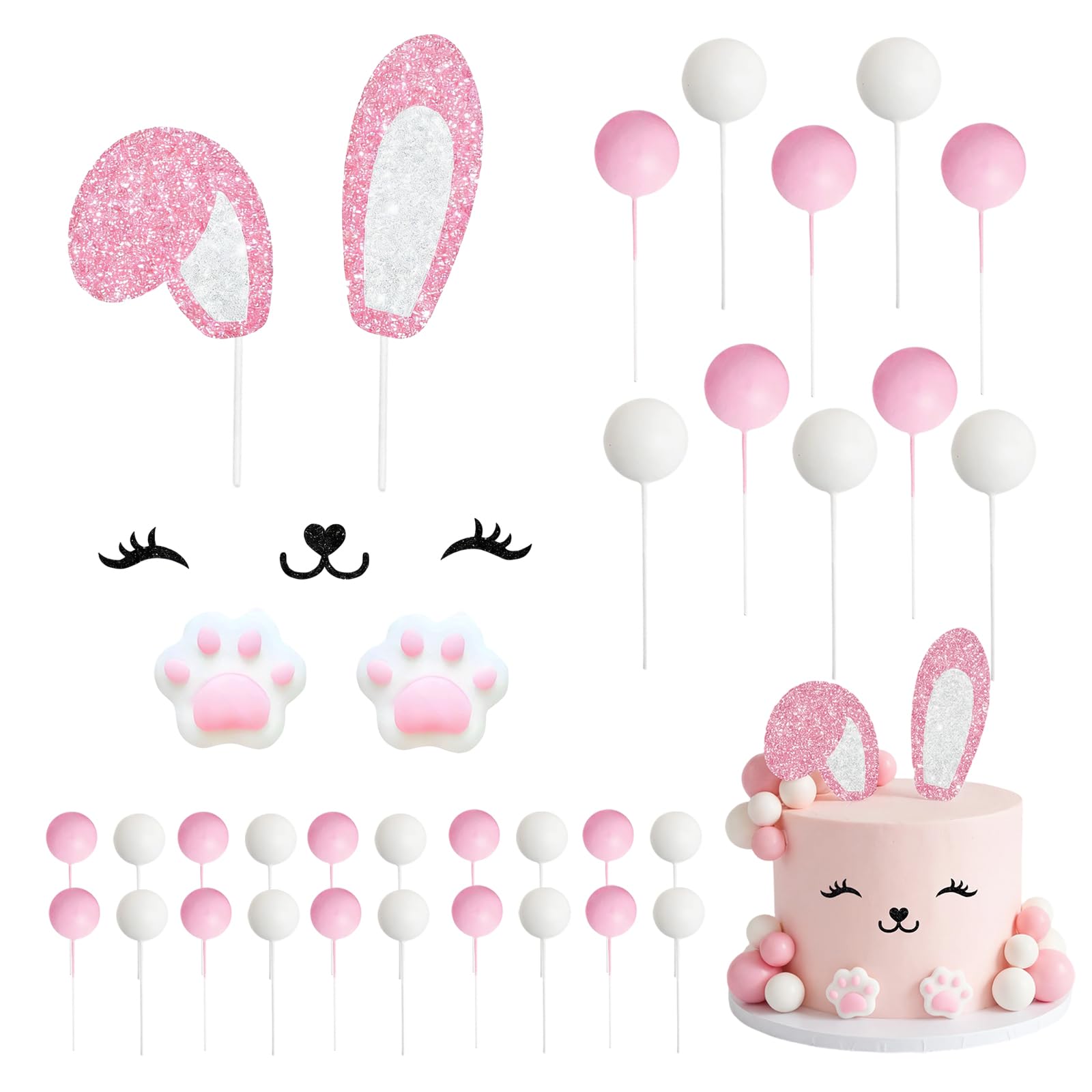 Bunny Cake Topper Easter Cake Toppers Picks Easter Rabbit Cake Decoration Supplies with Ear Eyelash Nose for Bunny Rabbit Theme Baby Shower Birthday Party Decoration Supplies