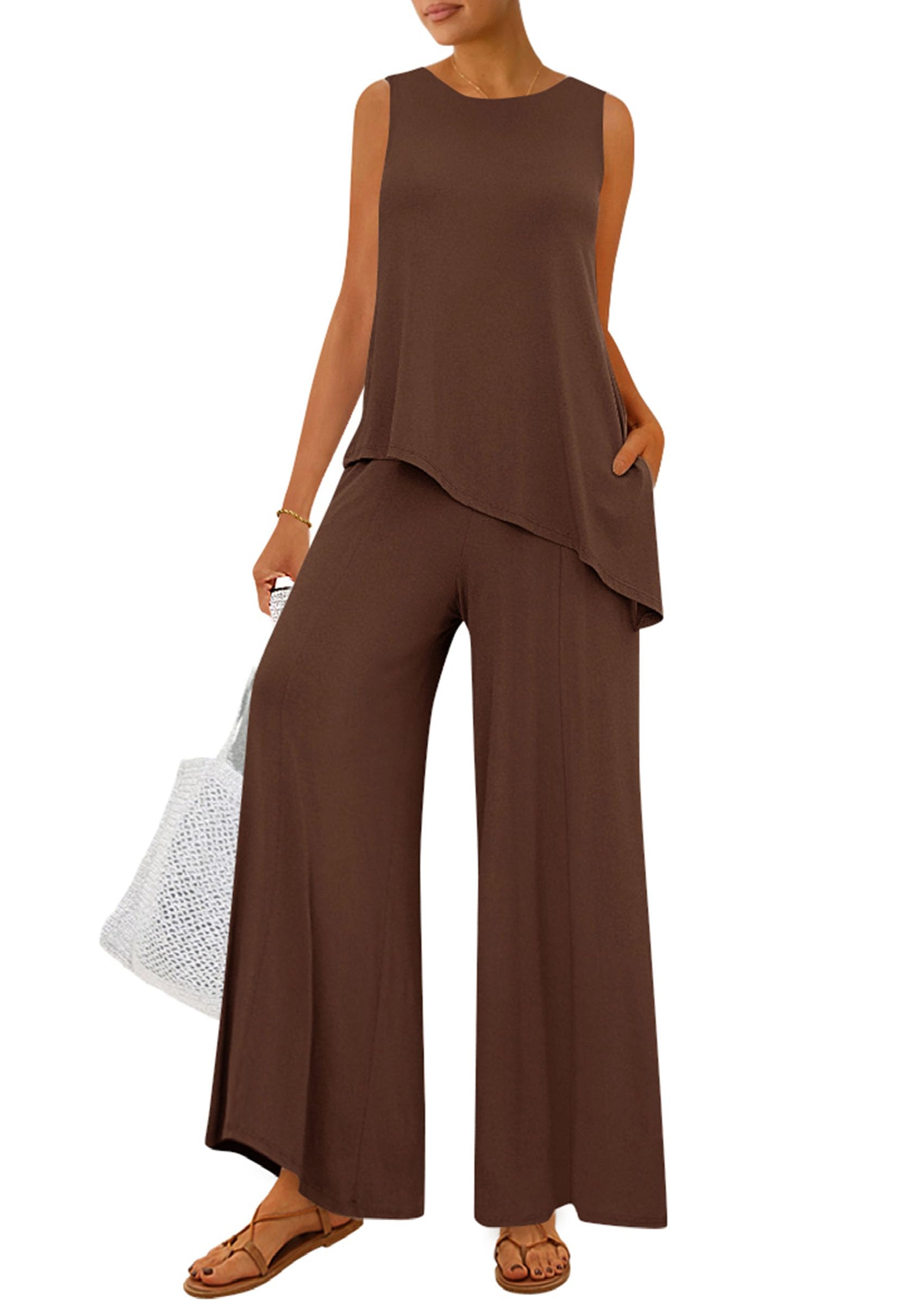 PRETTYGARDEN Women's 2025 Two Piece Matching Lounge Sets Asymmetrical Split Tank Tops Wide Leg Pants Summer Outfits Tracksuit