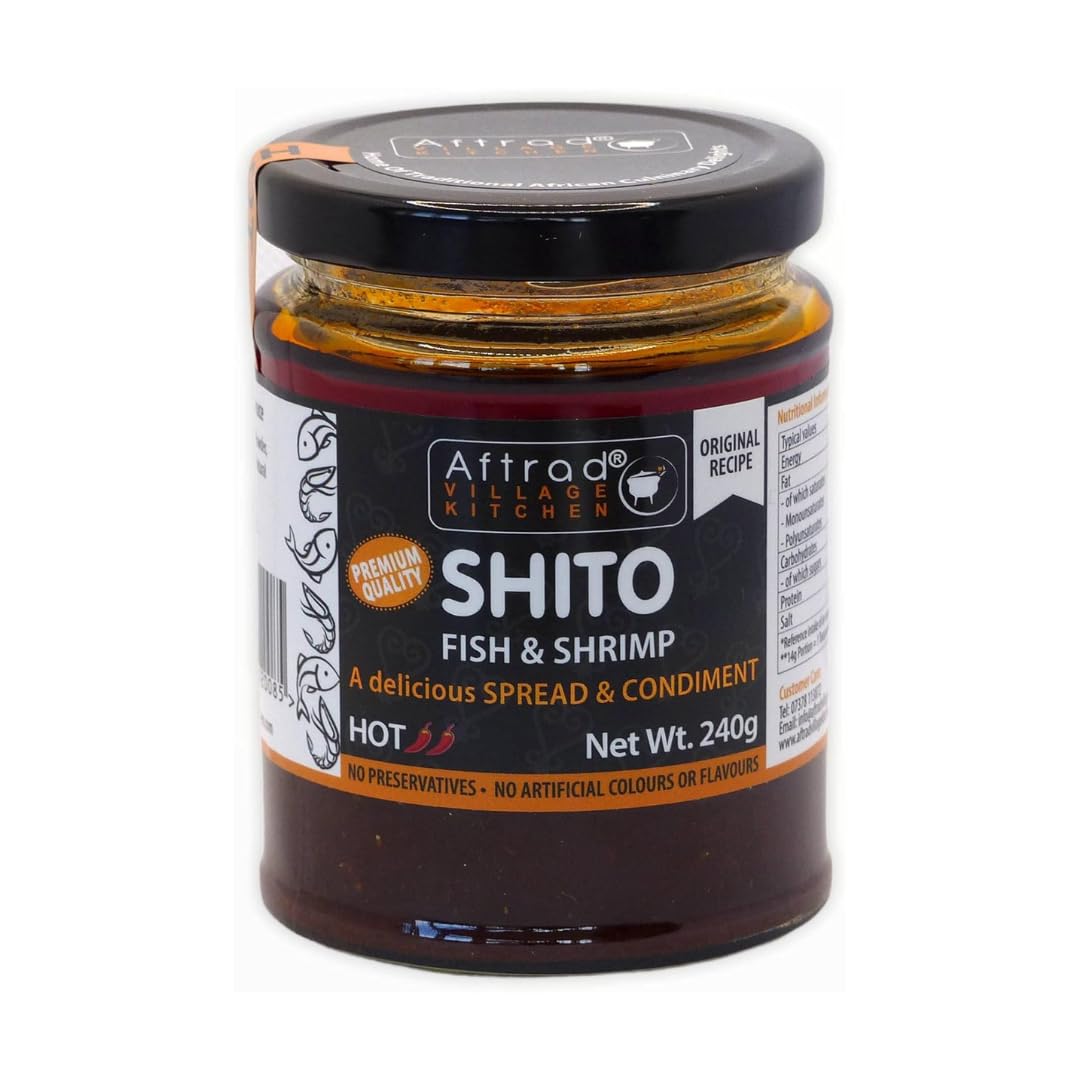 Aftrad Village Kitchen Shito - Authentic Ghanaian Chilli Sauce Made with Smoked Fish & Shrimps - Spicy Condiment for Cooking, Dips & Spreads - Traditional West African Flavour | (HOT, 240g)