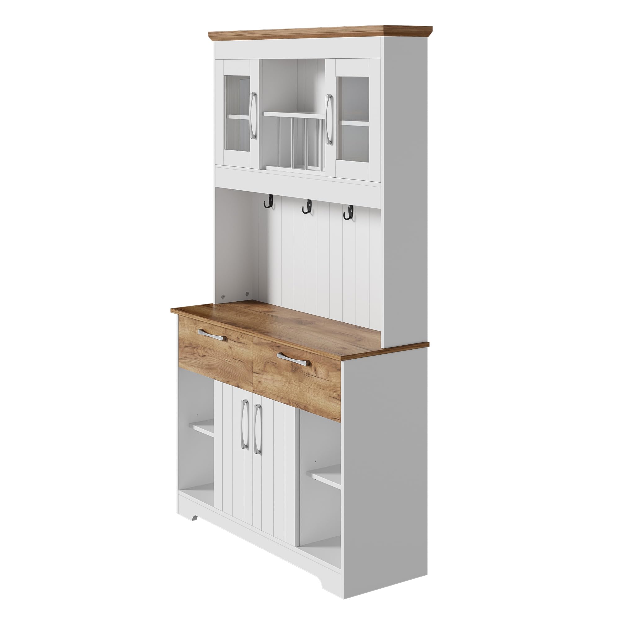 TIZZ Credenza da cucina con vetrine, 2 cassetti, ante, barra appendiabiti, 106 x 39 x 176,5 cm, moderno, per cucina, sala da pranzo, corridoio, naturale, bianco