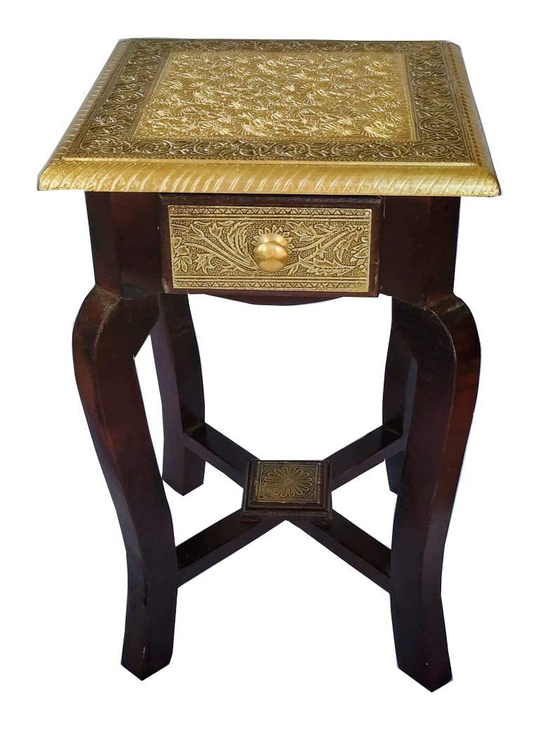 RSN Solid Brass Bedside Vintage Stool|End Table| Side Table with Drawer for Home Decor, Office, Garden (Brown)