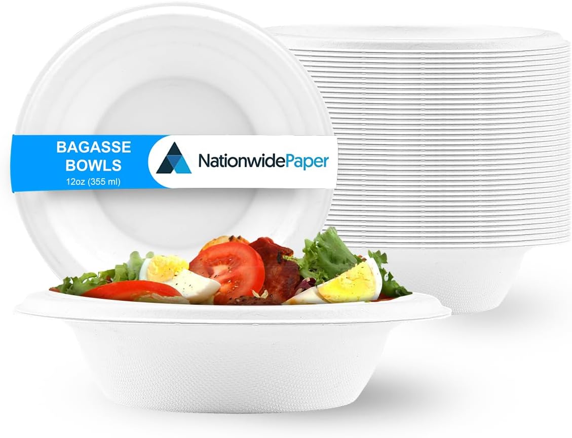 12oz 50pcs White Bagasse Sugarcane Disposable Bowls, Strong Biodegradable Bowls for Hot Food, Soup, Salad (355ml)