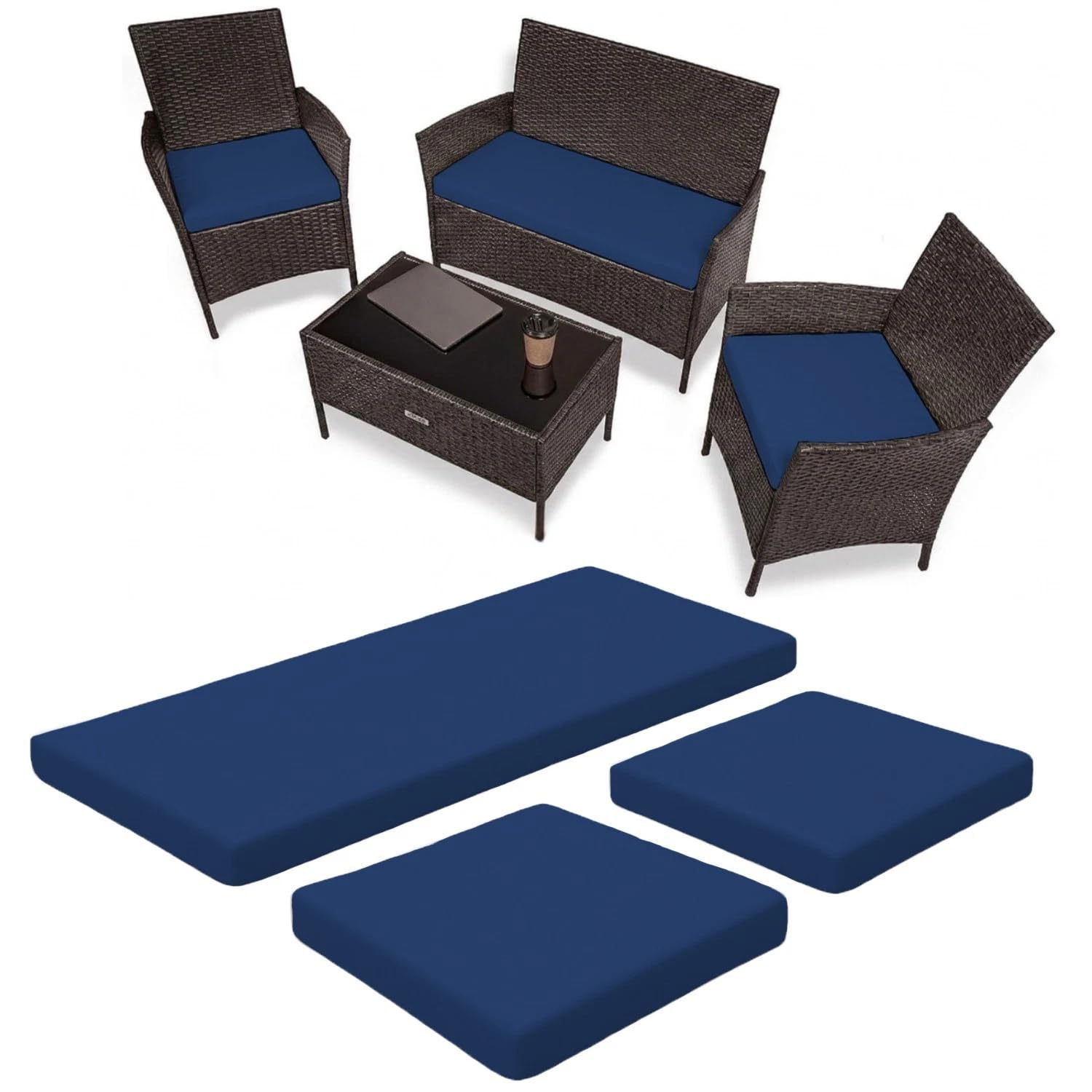 KOZZE FAB 3-Piece Replacement Cushion Set for Rattan Chairs & Sofa | Comfortable Padded Patio Cushions | Indoor & Outdoor Garden Furniture Seat | Water-Resistant & Durable Covers (Navy)