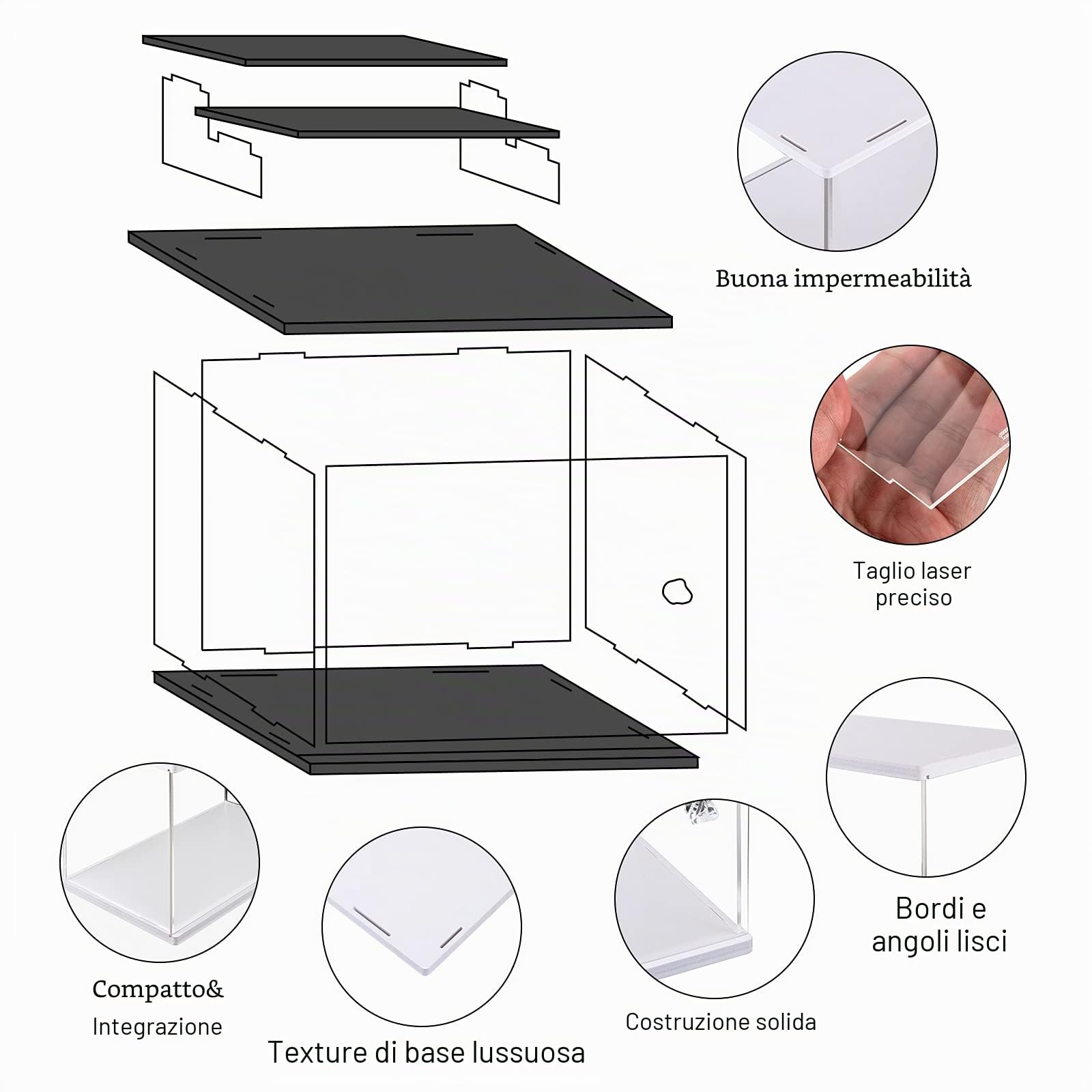 Vetrina in acrilico trasparente con scala trasparente scatola di immagazzinaggio controsoffitto cubo per oggetti da collezione, antipolvere per figure da collezione(12,5 x 7 x 21,6 cm, bianco)