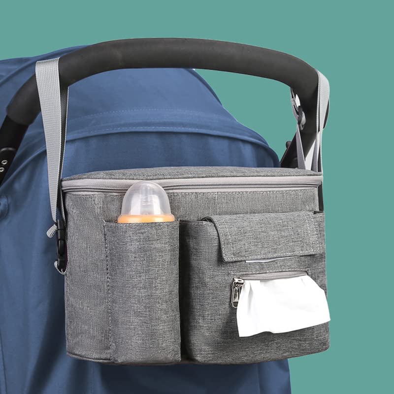 Pram Buggy Organiser Bag,Stroller Pushchair Storage Bag with Cup Holders,Supplies Pram Organiser,Universal Waterproof Baby Stroller Organizer Storage Bag for Baby Buggy Accessories Supplies (Grey)