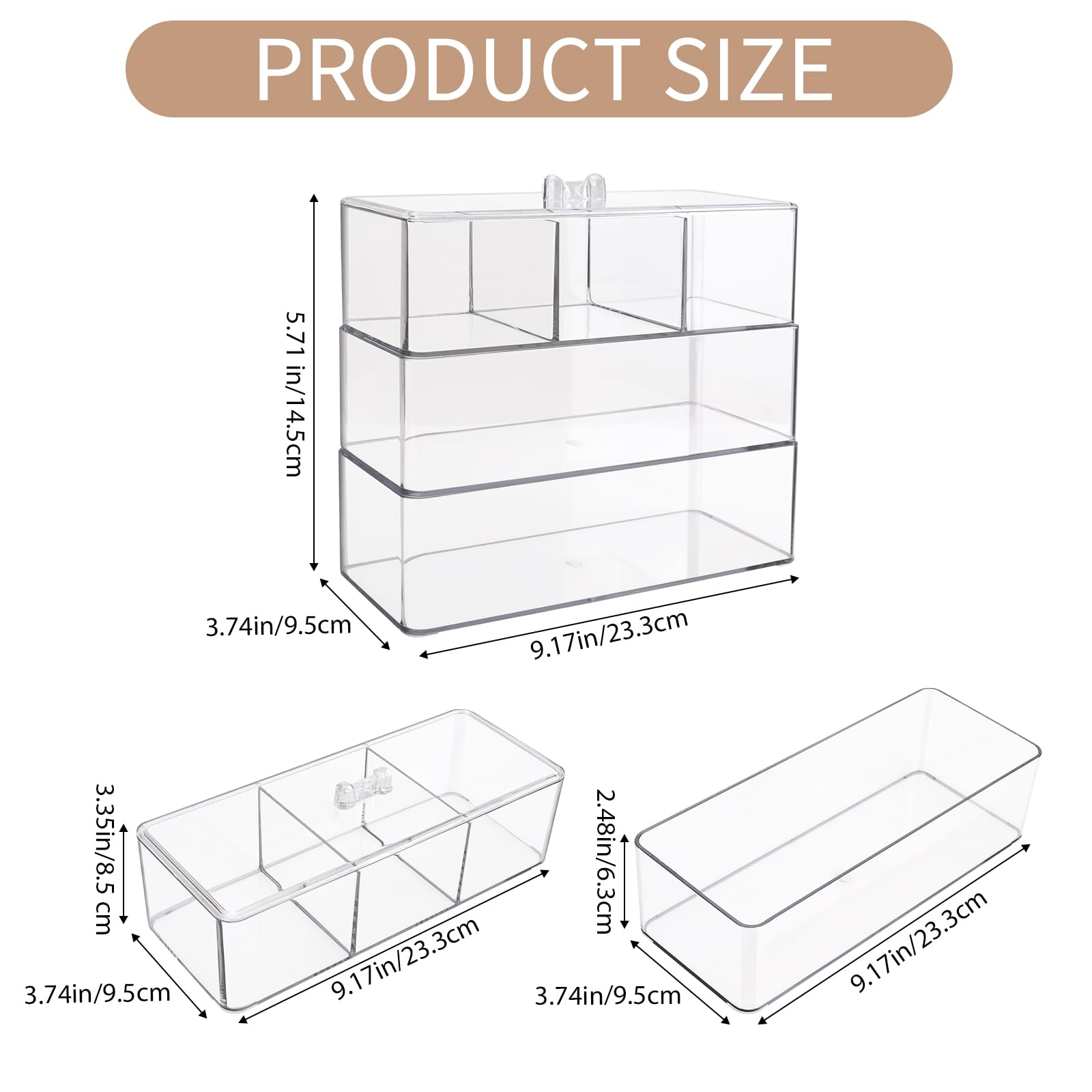RETON Acrylic Bathroom 3 Compartment Q-tip Holder Dispenser with Lid, Plastic Clear Makeup Organizer with 3 Drawers for Girls, Waterproof Cotton Ball Swab Holder for Cosmetic Hair Tie Lipstick Brush