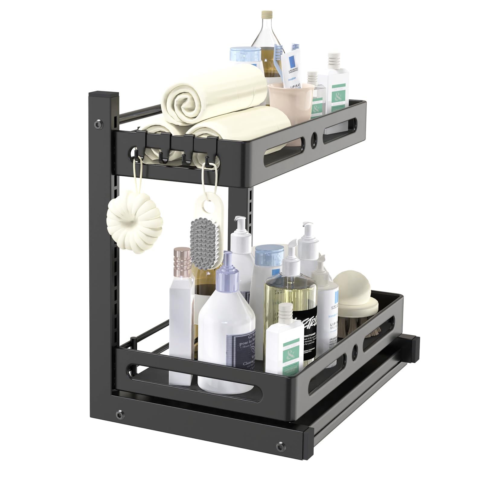 YheenLf Metal 1 Paquete Organizador Fregadero, Cajones Extraibles de 2 Niveles, Forma de L, Extraíble Estante Almacenamiento para Cocina, Baño, 40×28×42cm, Negro