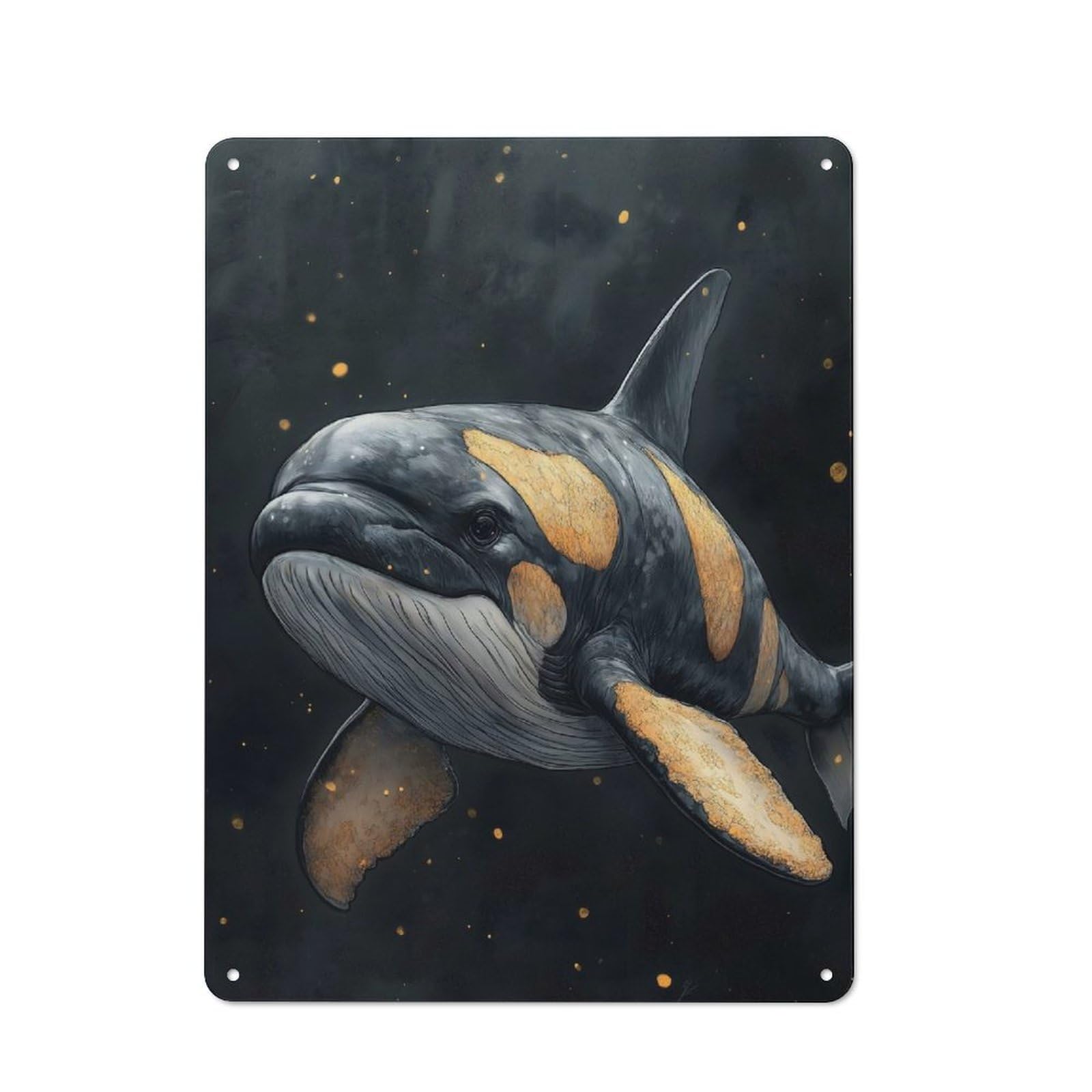 Junmoney Golden Whale Illustration Rustic Metal Wall Sign 40X30cm For Café Or Restaurant, Gift Idea At Christmas For Café Owners And Decorators